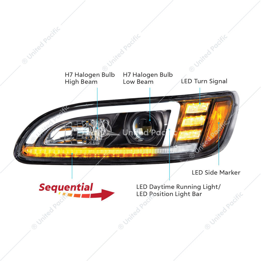 Black Projection Headlight With LED Sequential Turn & DRL For 2005-2015 Peterbilt 386- Passenger