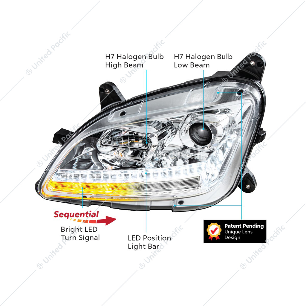 Chrome Projection Headlight With LED Sequential Turn and DRL For 2012-2021 Peterbilt 579- Driver