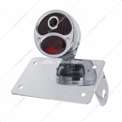 Chrome Horizontal Side Mount LP Bracket For Motorcycle With 1928 "DUO Lamp" Blue Dot Lens Tail Light