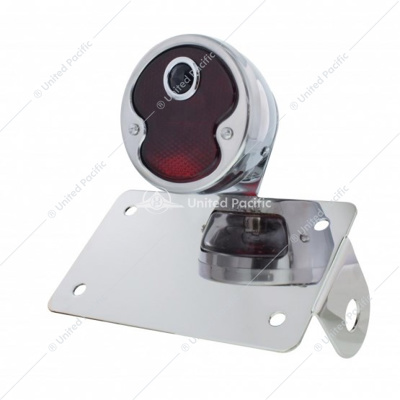 Chrome Horizontal Side Mount LP Bracket For Motorcycle With 1932 "DUO Lamp" Blue Dot Lens Tail Light