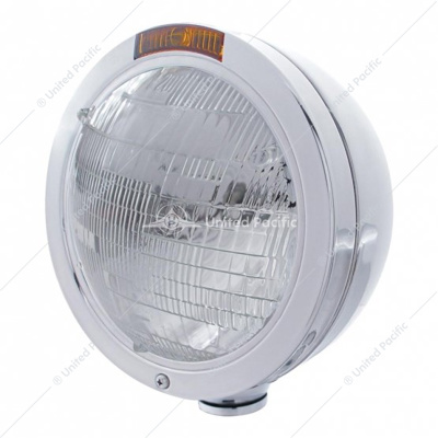 Stainless Steel Bullet Classic Headlight 6014 Bulb & Turn Signal - Amber Lens