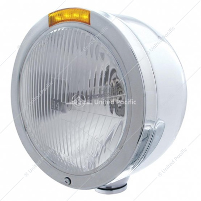 Stainless Steel Bullet Half Moon Headlight H4 Bulb & LED Turn Signal - Amber Lens