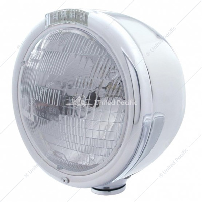 Stainless Steel Classic Half Moon Headlight H6024 Bulb & LED Turn Signal - Clear Lens