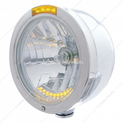 Stainless Steel Bullet Half Moon Headlight H4 With 10 Amber LED & Signal - Amber Lens