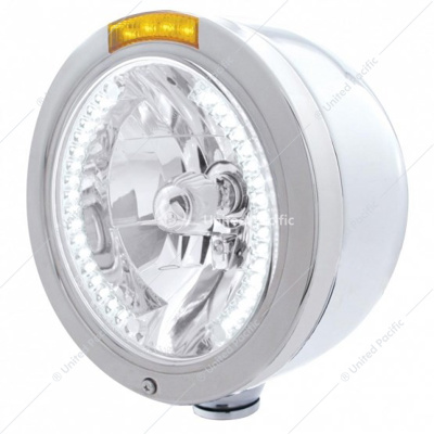Stainless Steel Bullet Half Moon Headlight H4 With White LED & Signal - Amber Lens