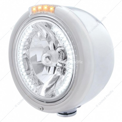 Stainless Steel Classic Half Moon Headlight H4 With White LED & Signal - Clear Lens