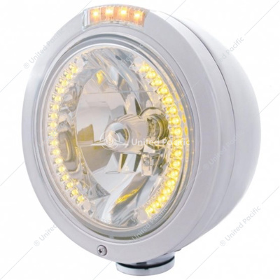 Stainless Steel Bullet Classic Headlight H4 With Amber LED & Dual Mode LED Signal - Clear Lens