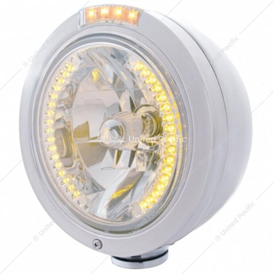 Stainless Steel Bullet Classic Headlight H4 With Amber LED & Signal - Clear Lens