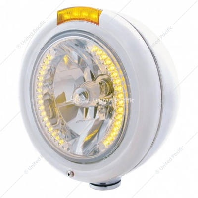 Stainless Steel Classic Headlight H4 With 34 Amber LED & Dual Mode LED Signal - Amber Lens