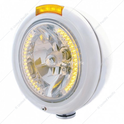 Stainless Steel Classic Headlight H4 With 34 Amber LED & Signal - Amber Lens