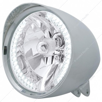 Motorcycle Chrome "Chopper" Headlight With Smooth Visor H4 Bulb With 34 White LED