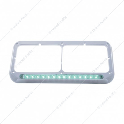 14 LED Chrome Rectangular Dual Headlight Bezel - Green LED/Clear Lens
