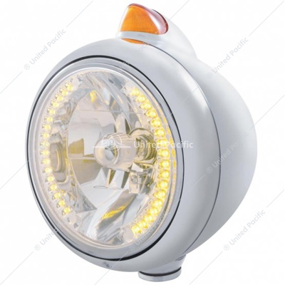 Stainless Steel Guide 682-C Headlight H4 With Amber LED & Original Style LED Signal - Amber Lens