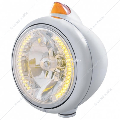 Chrome Guide 682-C Headlight H4 With Amber LED & Original Style LED Signal - Amber Lens