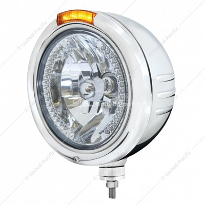 SS Classic Embossed Stripe Headlight H4 With White LED & Dual Mode LED Signal -Amber Lens