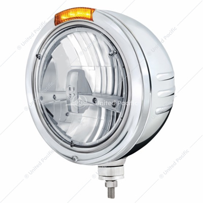 Stainless Steel Bullet Embossed Stripe Headlight 5 LED Bulb & Dual Mode LED Signal - Amber Lens