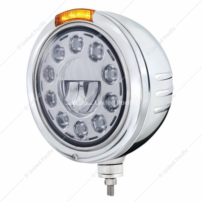 Stainless Steel Bullet Embossed Stripe Headlight 11 LED Bulb & Dual Mode LED Signal-Amber Lens