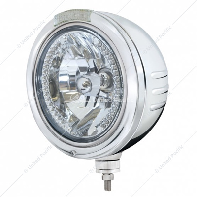 Stainless Steel Bullet Embossed Stripe Headlight H4 With White LED & Dual Mode LED Signal - Clear Lens