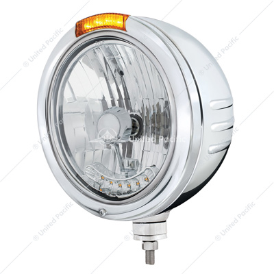 SS Bullet Embossed Stripe Headlight H4 With 6 Amber LEDs & Dual Mode LED Signal -Amber Lens