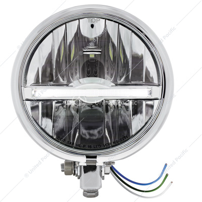 Chrome 5-3/4" Motorcycle Headlight 9 LED Bulb With White LED Light Bar - Bottom Mount