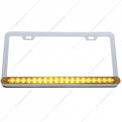 Chrome License Plate Frame With 19 LED 12" Reflector Light Bar - Amber LED/Amber Lens