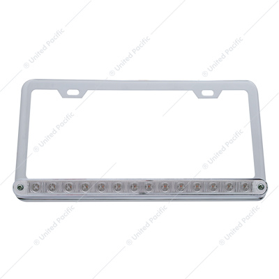 Chrome License Plate Frame With 14 LED 12" Light Bar - Amber LED/Clear Lens
