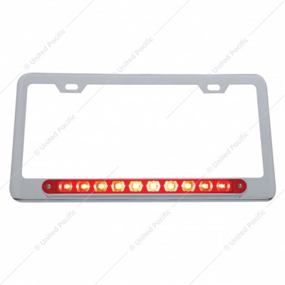Chrome License Plate Frame With 10 LED 9" Light Bar - Red LED/Red Lens
