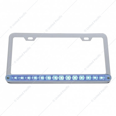 Chrome License Plate Frame With 14 LED 12" Light Bar - Blue LED/Clear Lens