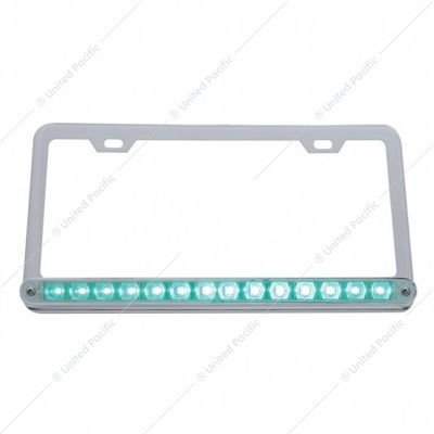 Chrome License Plate Frame With 14 LED 12" Light Bar - Green LED/Clear Lens