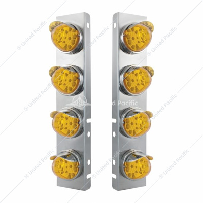 SS Front Air Cleaner Bracket With 8X 17 Amber LED Reflector Watermelon Lights & SS Visors For Peterbilt-Amber