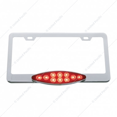 Chrome License Plate Frame With 10 LED Cats Eye Light - Red LED/Red Lens