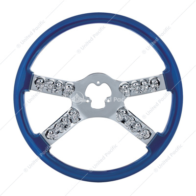 18" Chrome Steering Wheel With Skull Accent - Blue