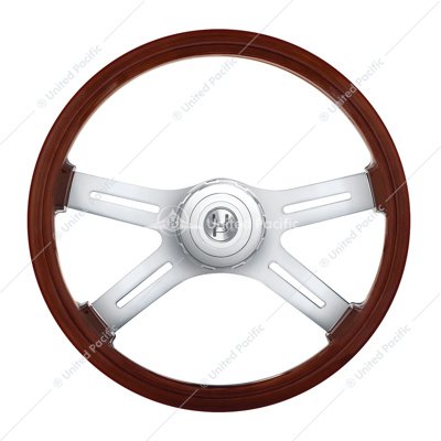 18" 4-Spoke Style Wood Steering Wheel With Hub & Horn Button Kit For Peterbilt (2006+) & Kenworth (2003+)