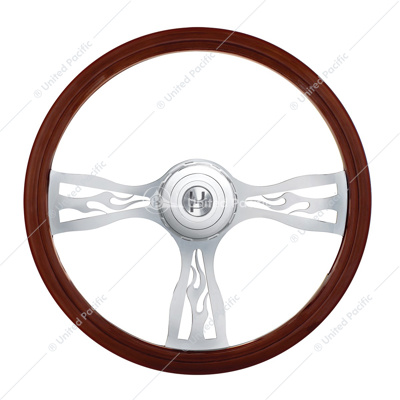 18" Flame Style Wood Steering Wheel With Hub & Horn Button Kit For Peterbilt (2006+) & Kenworth (2003+)