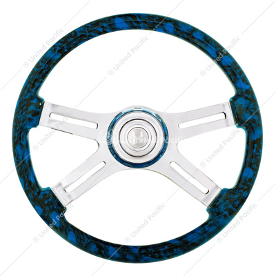 18" 4 Spoke Skull Steering Wheel With Matching Skull Horn Bezel - Blue